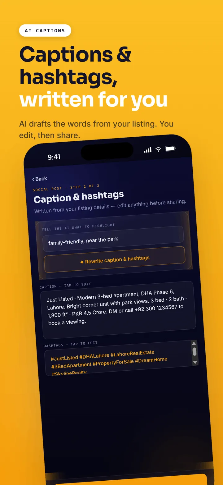 AgentXXI app screenshot: AI-generated listing description and captions