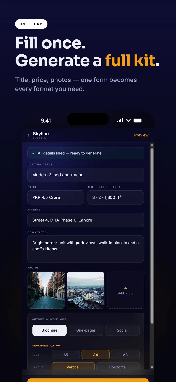 AgentXXI app screenshot: listing editor pre-filled from a portal URL