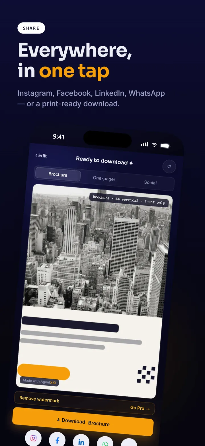 AgentXXI app screenshot: export formats for feed, portrait and story