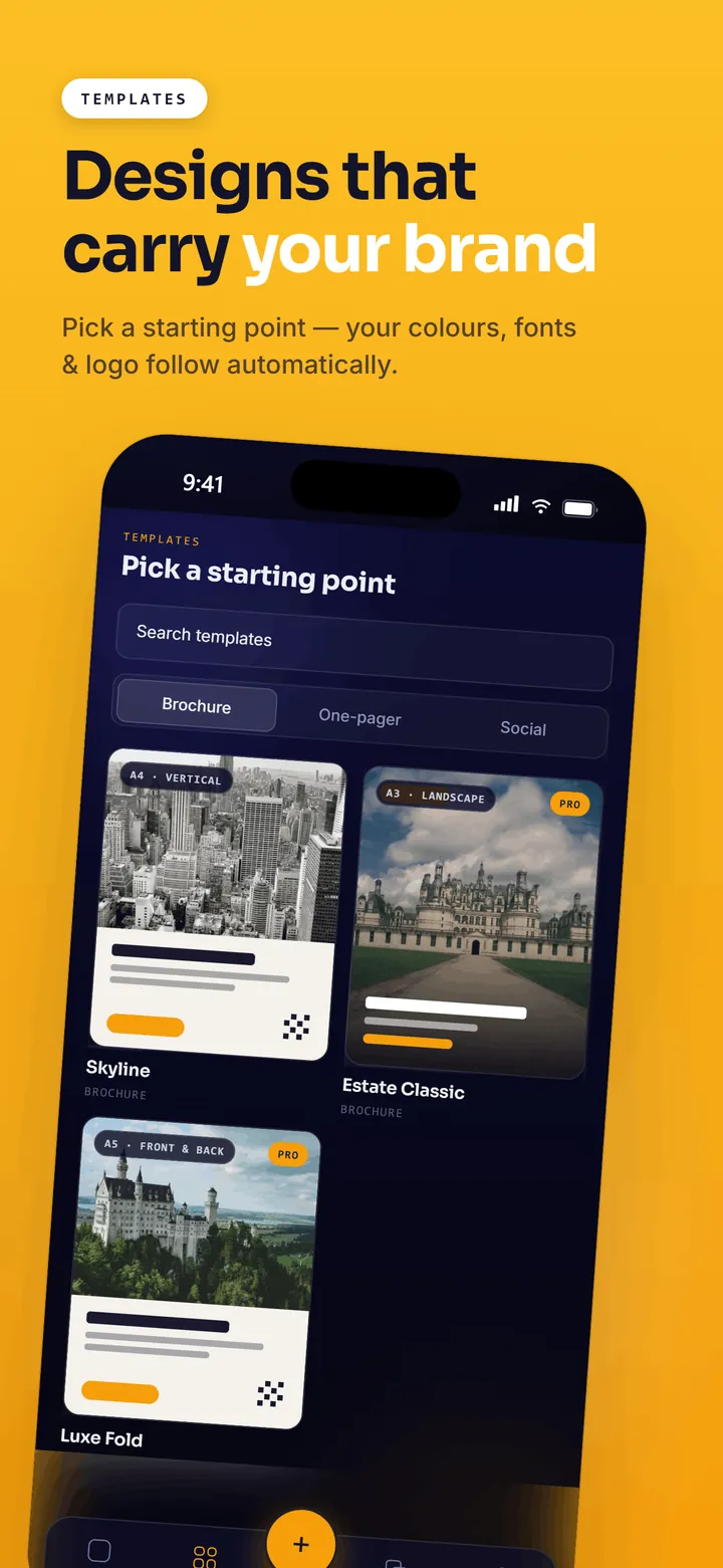 AgentXXI app screenshot: template gallery with brochure and social categories